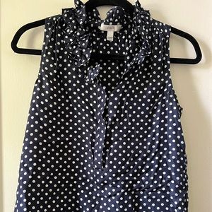 J.Crew Women’s 100% Silk navy polka dot ruffle sleeveless blouse 0/00 XS